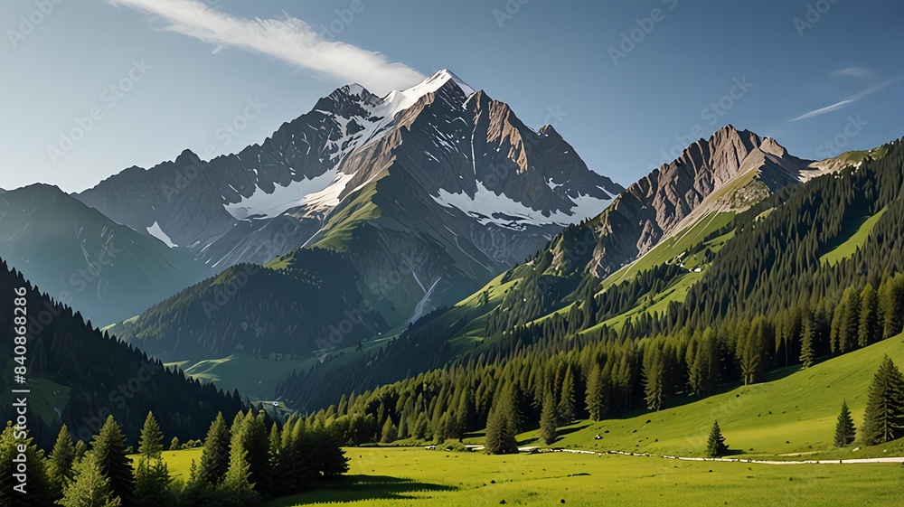 Lush Green Alpine Valley with Dramatic Background Generated by AI