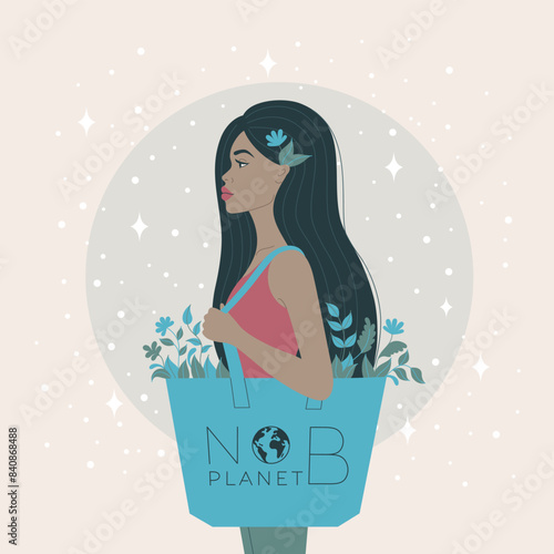 A woman profile, in flat art style, eco bag.