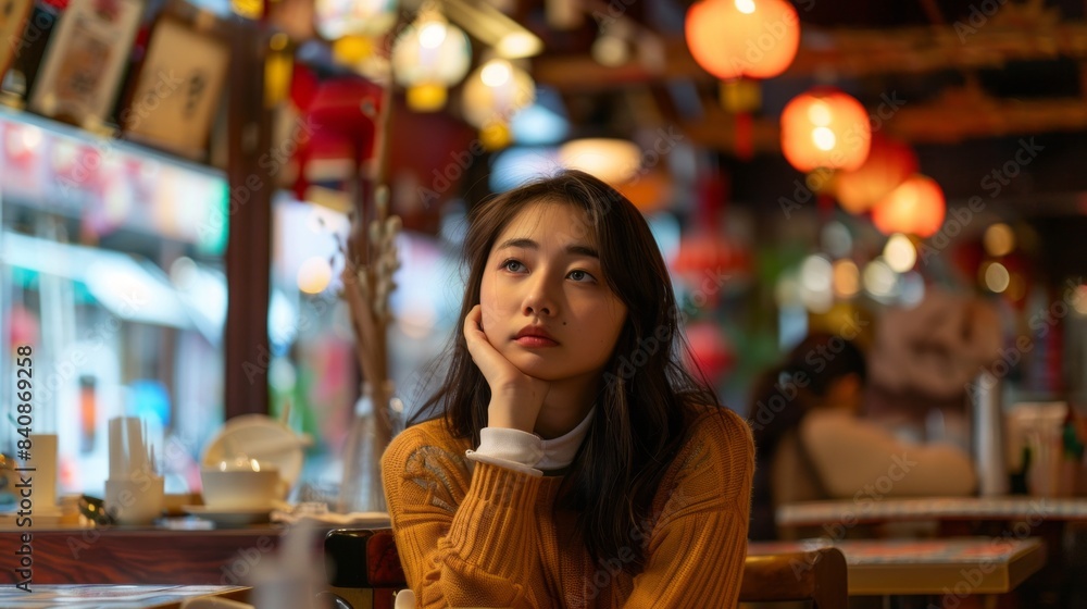 A woman in a yellow sweater is sitting at a table in a restaurant A woman in a yellow sweater is sitting at a table in a restaurant