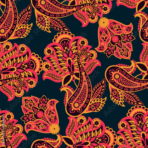 Digital textile print. Design suitable for covers, fabrics, textiles, wrapping paper, featuring an antique Thai pattern Paisley Indian motifs and decorative floral elements