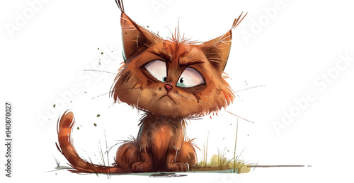 A cartoon illustration of an orange tabby cat sitting on grass with a grumpy expression