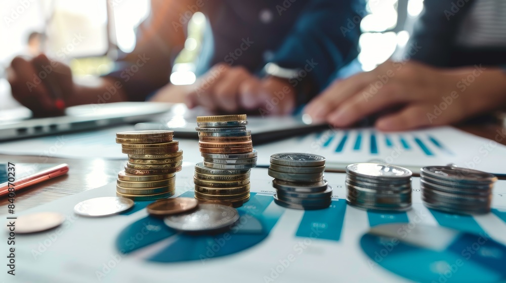 Closeup Of Stacked Coins On Financial Charts With Blurred Businessperson In Background Closeup Of Stacked Coins On Financial Charts With Blurred Businessperson In Background