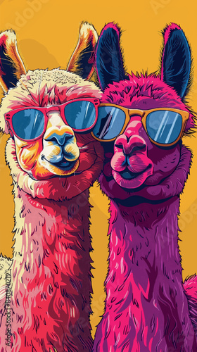Two cartoon llamas with sunglasses, one white and one pink, stand against a yellow background