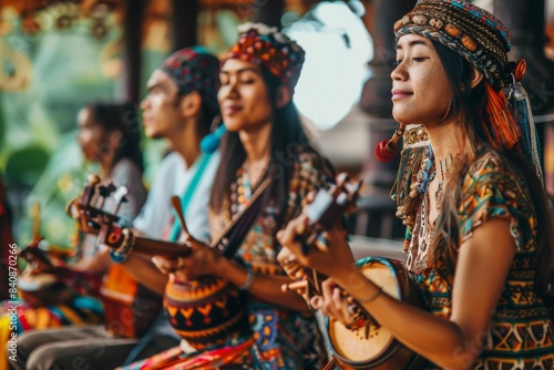Obraz na płótnie A Vibrant Ensemble of Southeast Asian Musicians Play Traditional Instruments w salonie