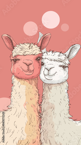 Two furry llamas with pink noses are smiling at the viewer in this digital illustration. The llamas are against a bright pink background with pink and white circles