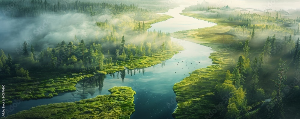 Fototapeta premium A tranquil view of a serene river flowing through a lush green forest under a bright blue sky