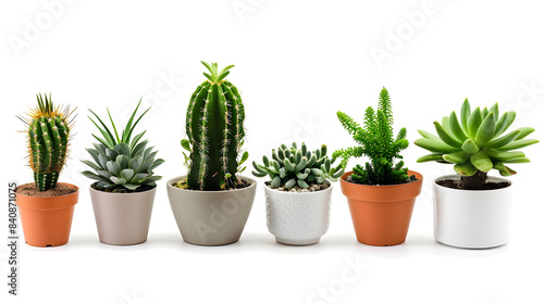 Group of various indoor plants in pots isolated on a white background