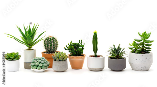 Group of various indoor plants in pots isolated on a white background