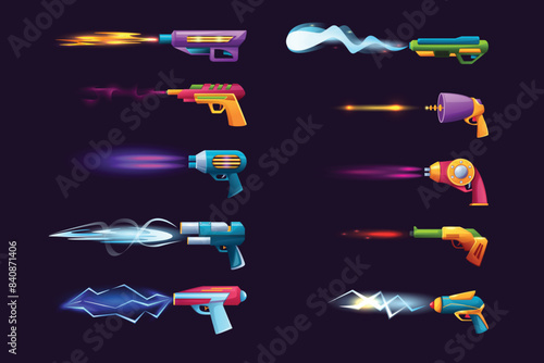 Futuristic shooting blasters. Laser guns, alien weapons with glowing strike effects, lightning beam and plasma blast. Isolated vector set.