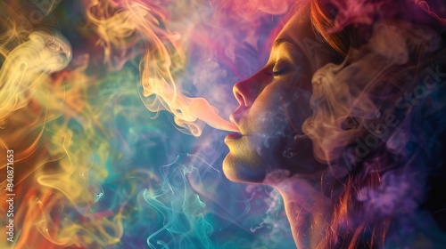 Behold the mesmerizing image of a beautiful girl exhaling colorful smoke, each delicate puff a testament to the artistry of the moment