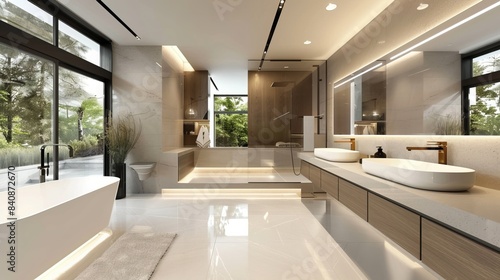 Step into the sleek ambiance of a modern bathroom, where a contemporary mirror reflects sophistication and style. Admire its clean lines and minimalist design © Elshad Karimov
