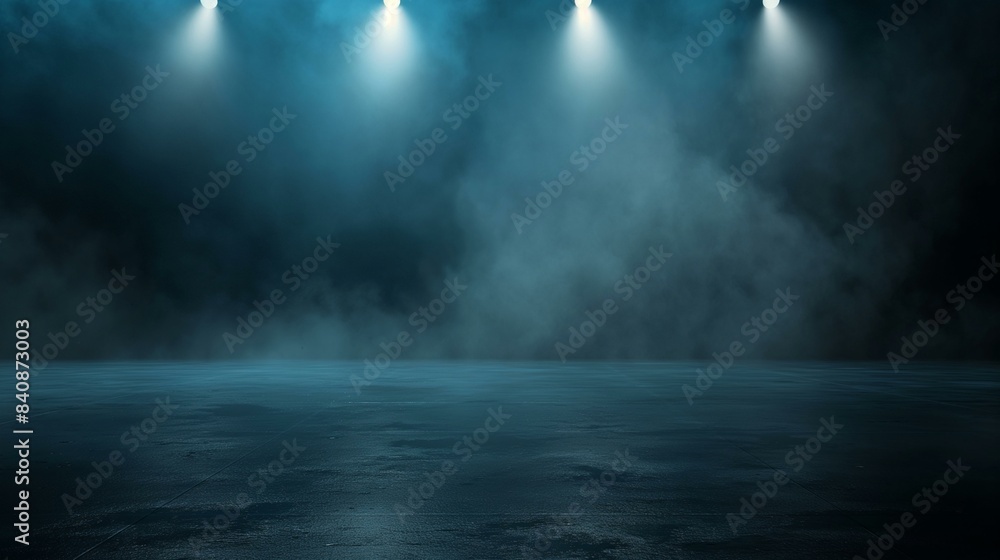 Dark Street Asphalt with Blue Background Lit by Spotlights and Empty Space
