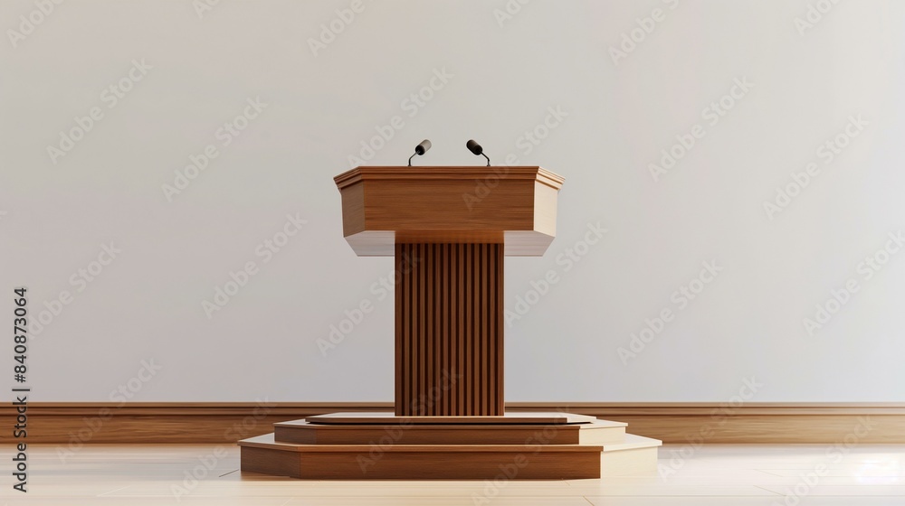Pristine Wooden Lecture Podium with Microphones in a Conference Hall Pristine Wooden Lecture Podium with Microphones in a Conference Hall
