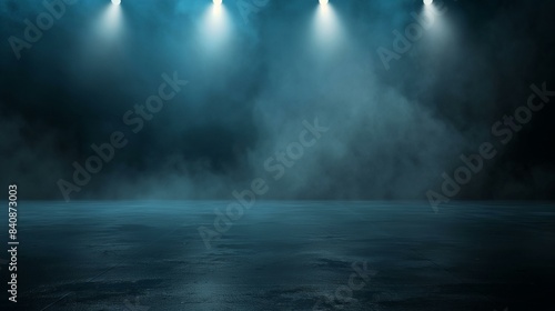 Dark Street Asphalt with Blue Background Lit by Spotlights and Empty Space