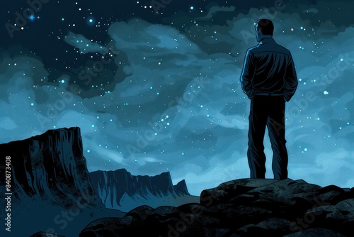 A man stands on a rocky ledge and looks at the starry sky.