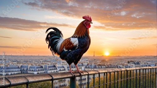National bird of france gallic rooster against french landscape. photo