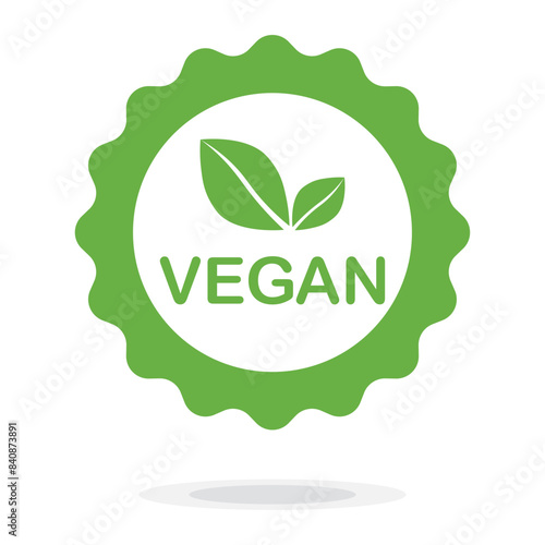 Vegan green vector icon. Organic, bio, eco symbol. Vegan, no meat, lactose free, healthy, fresh and nonviolent food. Round green vector illustration with leaves for stickers, labels, web and logos.