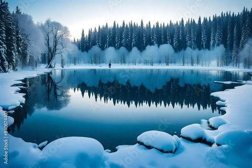 a lake with an ice in the winter evening