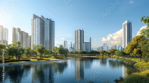 Contemporary and classic architecture  serene river  and green parks in a modern urban landscape. 3D cityscape landscape