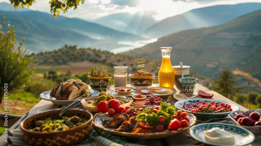 Fototapeta premium Vibrant turkish breakfast spread under the sunlight against a stunning natural backdrop