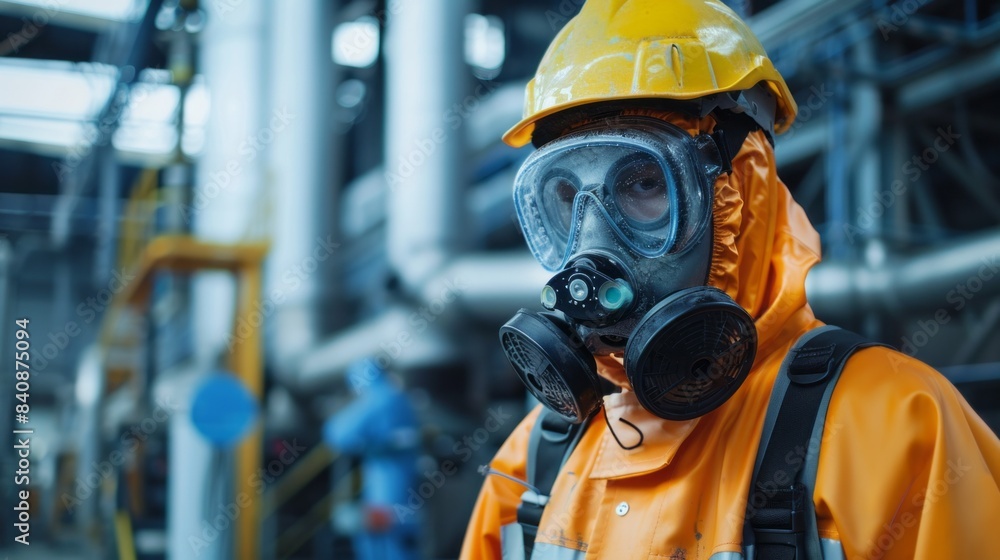 A man in a yellow helmet and orange protective gear is standing in a factory A man in a yellow helmet and orange protective gear is standing in a factory