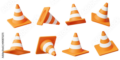 Fototapeta Naklejka Na Ścianę i Meble -  Set of orange traffic cones icon on isolated png transparent background. construction barrier, transportation, safety accident prevention concept. 3d render illustration