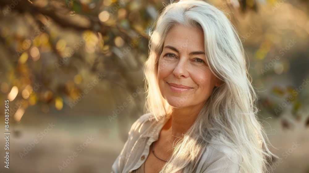 A radiant middle aged woman with silver hair smiling warmly against a serene nature backdrop, illuminated by soft sunlight filtering through autumn leaves. perfect for lifestyle and wellness contexts. A radiant middle aged woman with silver hair smiling warmly against a serene nature backdrop, illuminated by soft sunlight filtering through autumn leaves. perfect for lifestyle and wellness contexts.