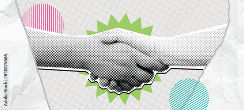 Halftone handshake collage. Win win deal, mixed media shaking hands symbolizing agreement, partnership and cooperation vector illustration.