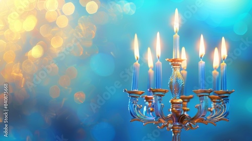Menorah with lit candles against a warm bokeh background, symbolizing the hanukkah celebration. ideal for holidaythemed designs, posters, and greeting cards. photo