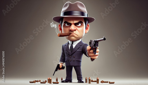 3D caricature: Gangster with Tommy gun, pinstripe suit, fedora & cigar. 3D caricature illustration: Exaggerated gangster with Tommy gun, fedora, cigar photo