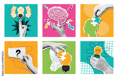Halftone collage creative idea. Mixed media idea generation composition, pop art brain and problem solving solution concept vector illustration set.