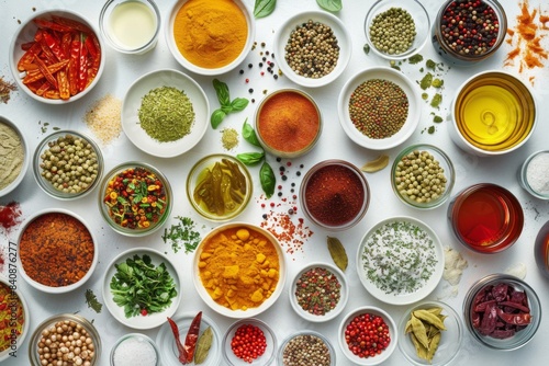 Assorted spices and herbs in bowls on white background