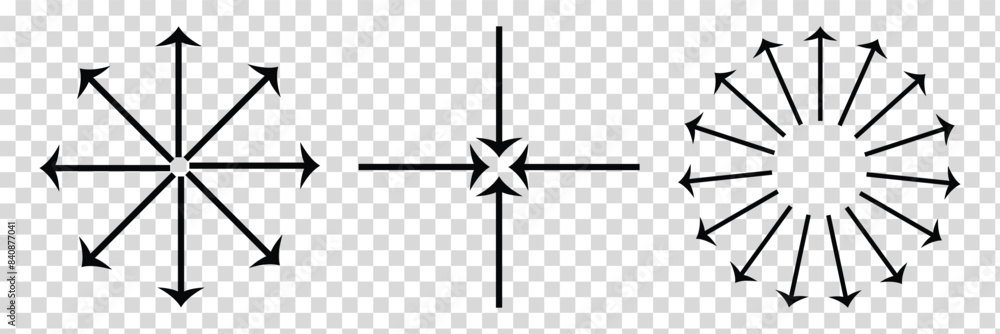 Group of straight arrows arranged in circle, directed inward to center and outward. Vector illustration of simple icons for building tables, diagrams, visualization of schematic material and data. eps Group of straight arrows arranged in circle, directed inward to center and outward. Vector illustration of simple icons for building tables, diagrams, visualization of schematic material and data. eps