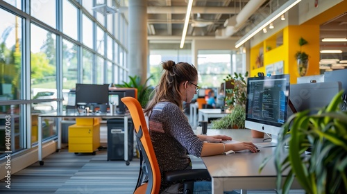 A skilled woman works on coding at her desk in a modern, open office setting.