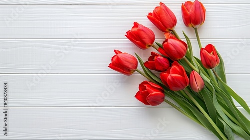 Vibrant red tulips bouquet on white table  top view with ample copy space for versatile arrangements