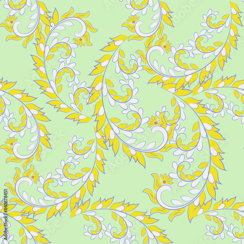 Floral fabric background with paisley ornament. Seamless illustration pattern