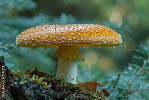 Amanita Mushroom with Spotted Cap in Forest