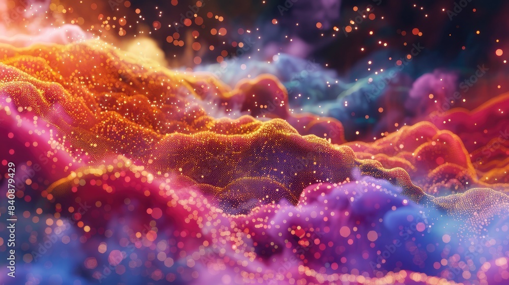 3 dimensional dots move horizontally against a dark smoky digital backdrop in a colorful cloud formation 3 dimensional dots move horizontally against a dark smoky digital backdrop in a colorful cloud formation