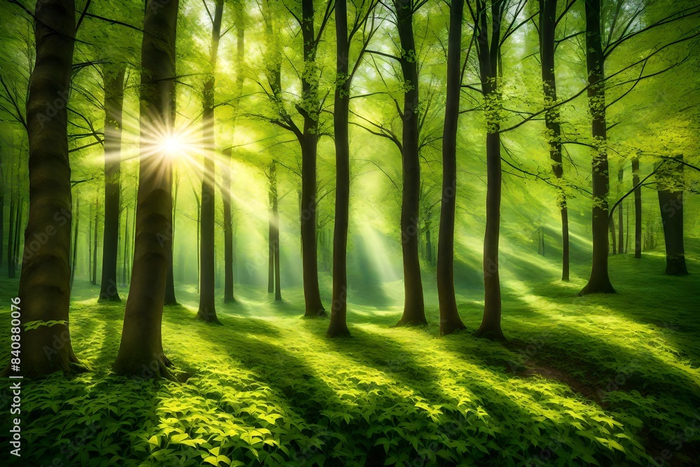 Obraz premium spring forest - fresh leaves and sun rays