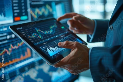 Close up hand of businesspeople using a digital tablet with financial chart