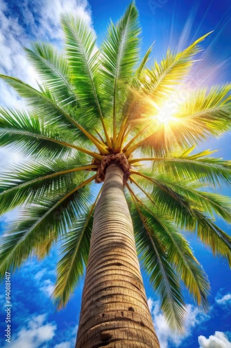 Palm tree against a background of bright blue sky with sunlight