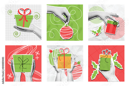 Christmas gifts in hands. Halftone hand holding wrapped gift box for winter holiday, xmas presents packaging mixed media collage vector illustration set.