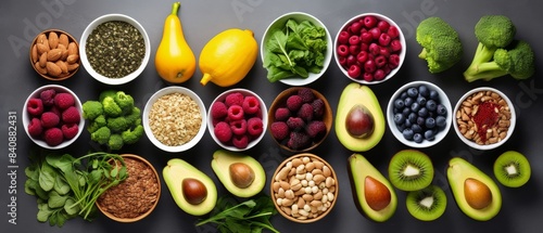 Fresh and Healthy Food Assortment in Bowls on Gray Surface