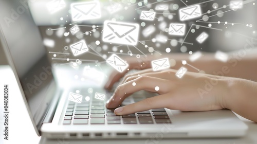 Hands typing on laptop with floating email icons. Digital communication and technology concept. Design for header, banner, poster