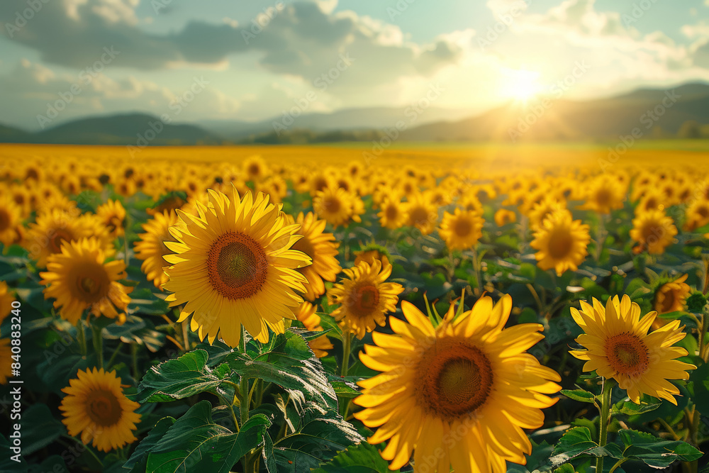 Fototapeta premium A field of sunflowers facing the sun. Concept of agricultural landscapes and natural harmony. Generative Ai.