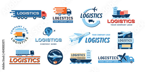 Logistics emblem. Transportation company icons with truck, airplane, ship and container icons for freight and cargo services vector set.