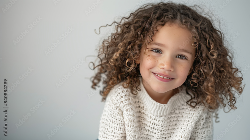 Adorable curly-haired girl smiling warmly in a white sweater, set against a clean white background. Perfect for children's fashion, winter campaigns, and festive promotions. Plenty of copy space. Adorable curly-haired girl smiling warmly in a white sweater, set against a clean white background. Perfect for children's fashion, winter campaigns, and festive promotions. Plenty of copy space.