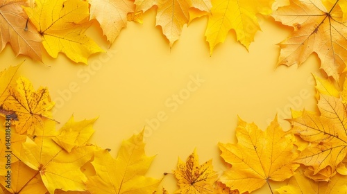 Top view of dry maple autumn leaves on pastel yellow background with ample copy space for text