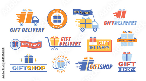 Gift delivery icons. Presents service or gift shop emblem with gift box, shopping cart and truck symbols vector set.