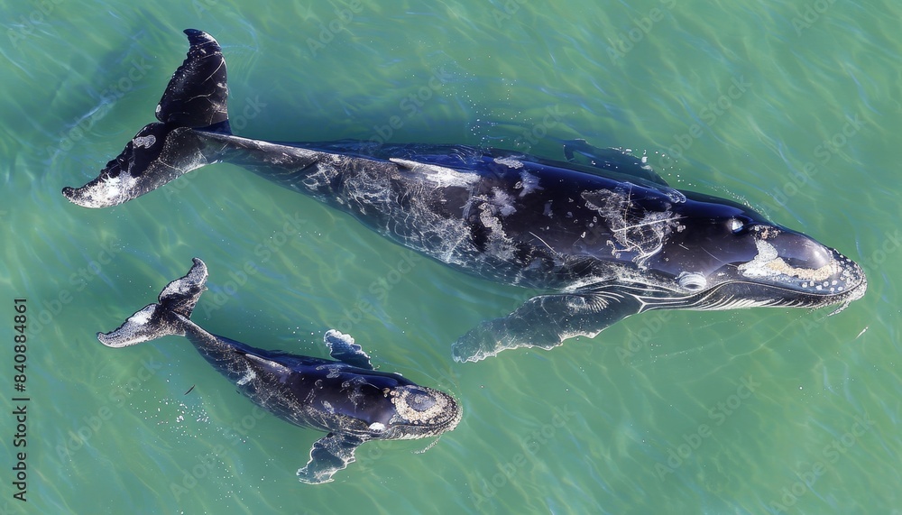 Naklejka premium Majestic whale and its adorable calf swimming gracefully in the vast expanse of the ocean